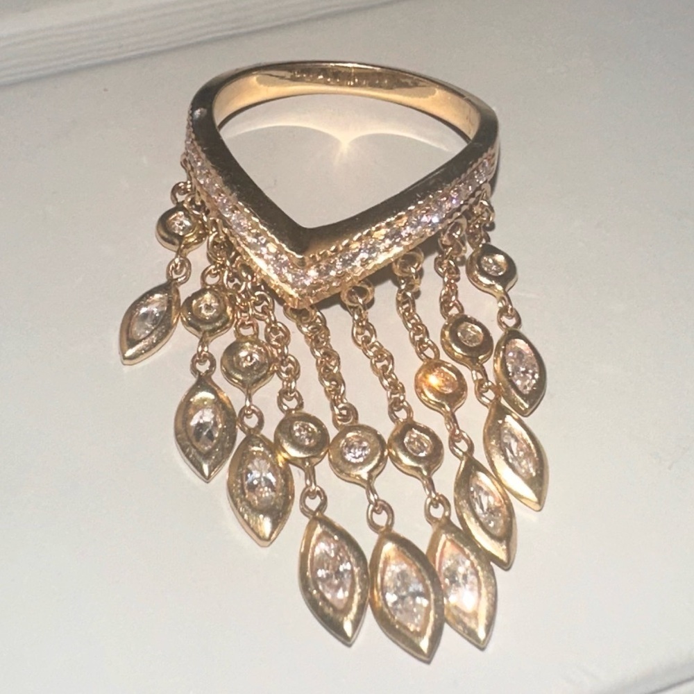 RARE 14K💍JACQUIE AICHE EXTRA LONG DIAMOND SHAKER RING DANGLE GOLD FRINGE RING